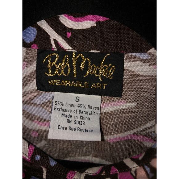 Bob Mackie Wearable Artsy Edgy Leaves Sequin Short Sleeve Button Linen Shirt - Picture 4 of 7